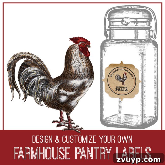 Graphics Fairy Premium Farmhouse Style Graphics Collection 7 Photoshop Elements tutorial image showing step-by-step instructions to design and customize farmhouse pantry labels using vintage rooster graphics and elegant fonts.