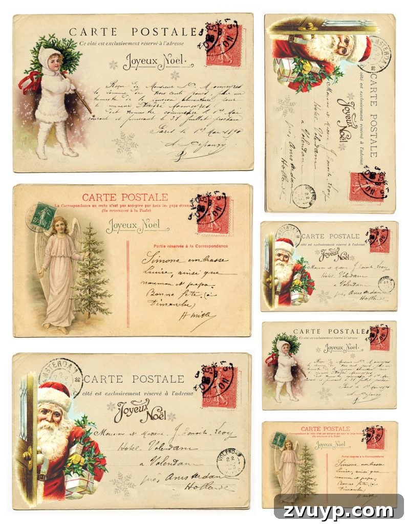 Detailed French Christmas postcard printable with elegant script and holiday imagery.