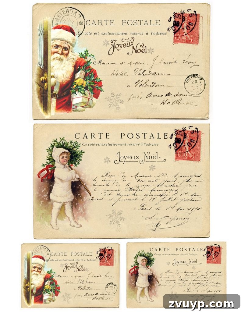 Two examples of printable French Christmas postcards, featuring traditional festive designs.