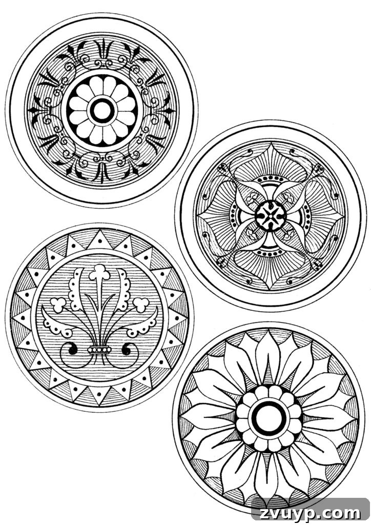 Close-up of a printable coloring medallion with floral rosette patterns
