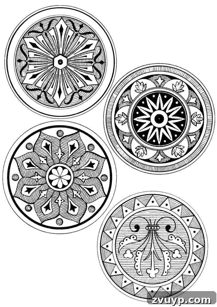 Another printable rosette medallion with complex, symmetrical designs