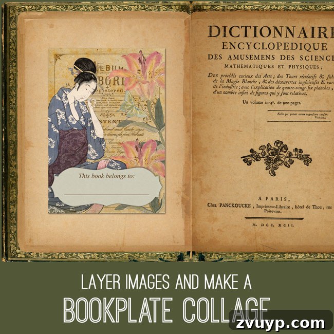 Photoshop Elements tutorial demonstrating how to create a bookplate collage with a vintage lady, teaching layering techniques