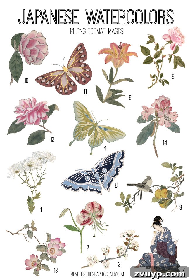 Detailed view of Japanese watercolor vintage images featuring delicate flowers and butterflies – ideal for digital collage, scrapbooking, and crafting projects