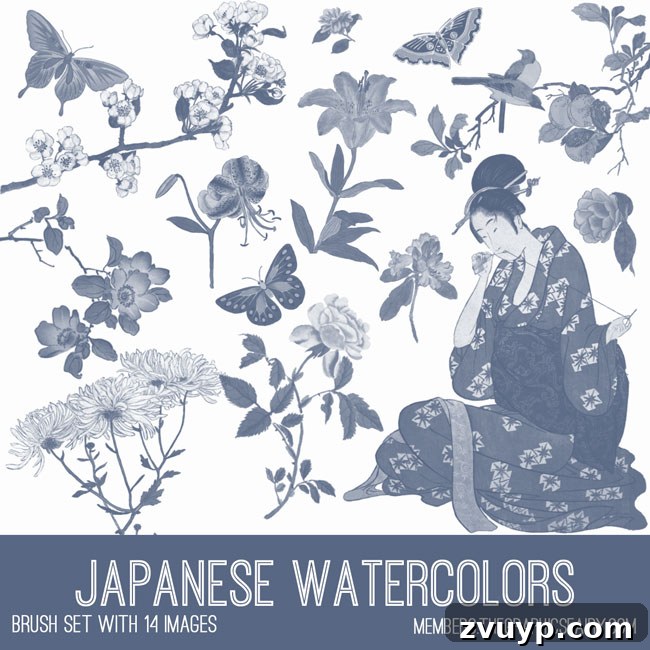 Japanese themed Photoshop brushes for vintage digital art, graphic design, and artistic embellishments