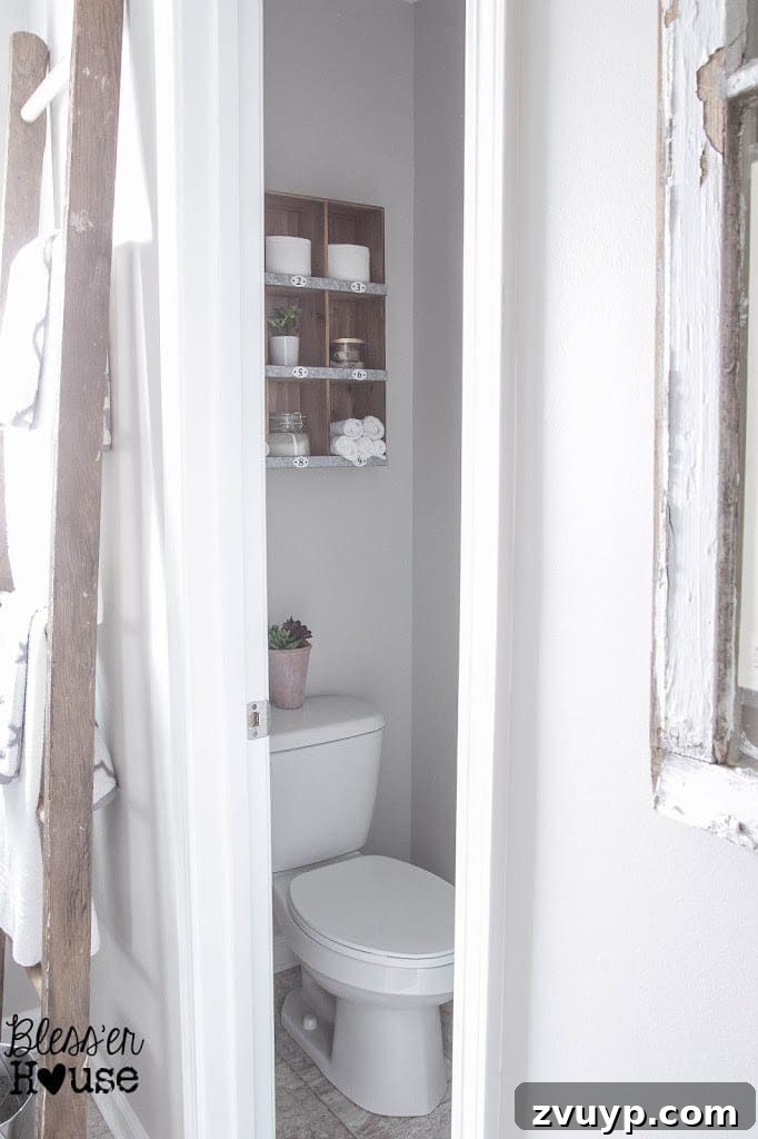Organized Water Closet with Cubby Shelf for Storage