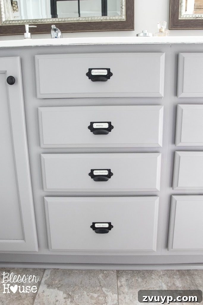 Bathroom Cabinet Organization with Label Drawer Pulls