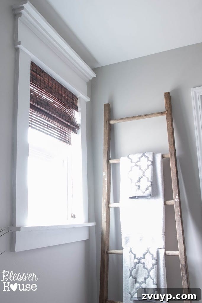 Reclaimed Ladder Repurposed as Rustic Bathroom Towel Rack
