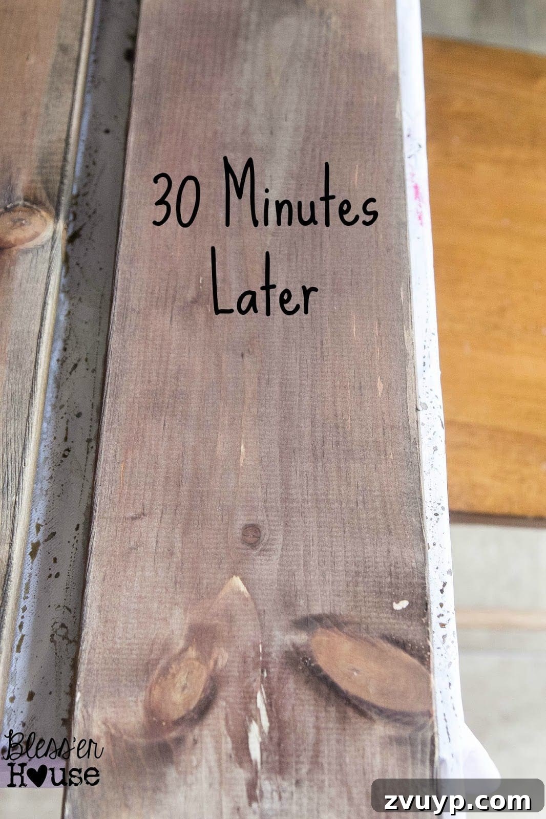 Simple Vinegar and Steel Wool Wood Stain Recipe 11 After 30 minutes, the steel wool and apple cider vinegar stain has further intensified, revealing deeper brown tones alongside the developing gray in the lumber, creating a complex aged finish.