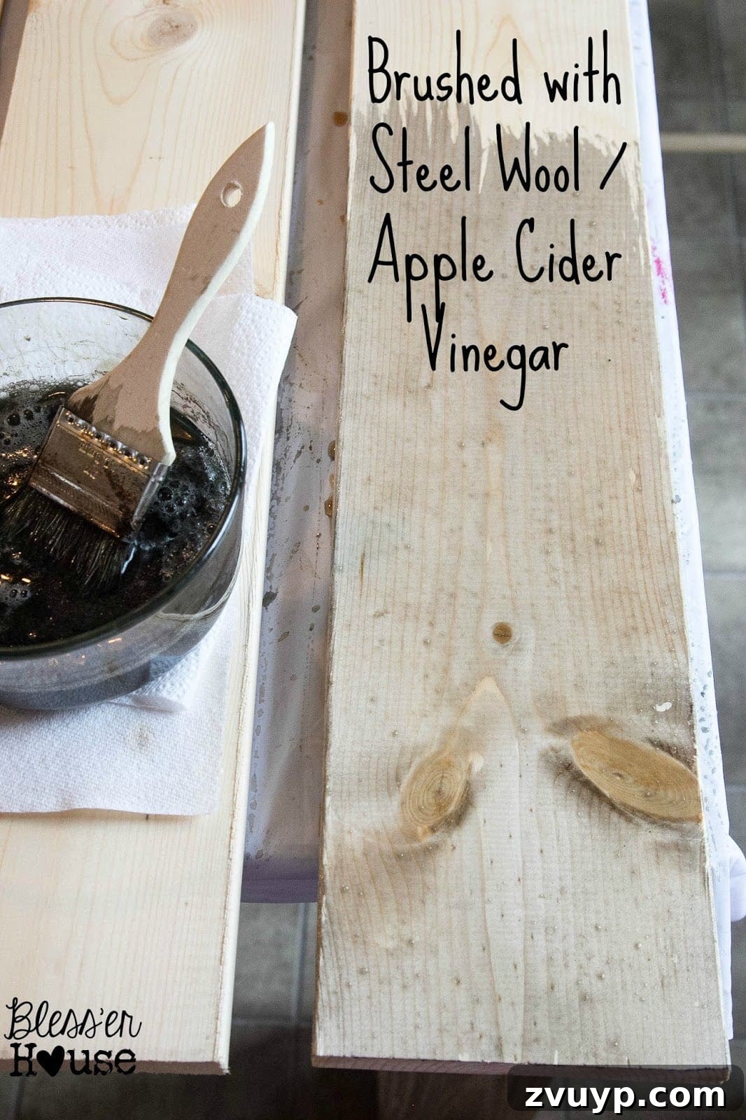 Simple Vinegar and Steel Wool Wood Stain Recipe 8 The next crucial step in this all-natural wood stain method involves brushing the tea-treated lumber with the steel wool and apple cider vinegar stain, initiating an instant graying reaction.