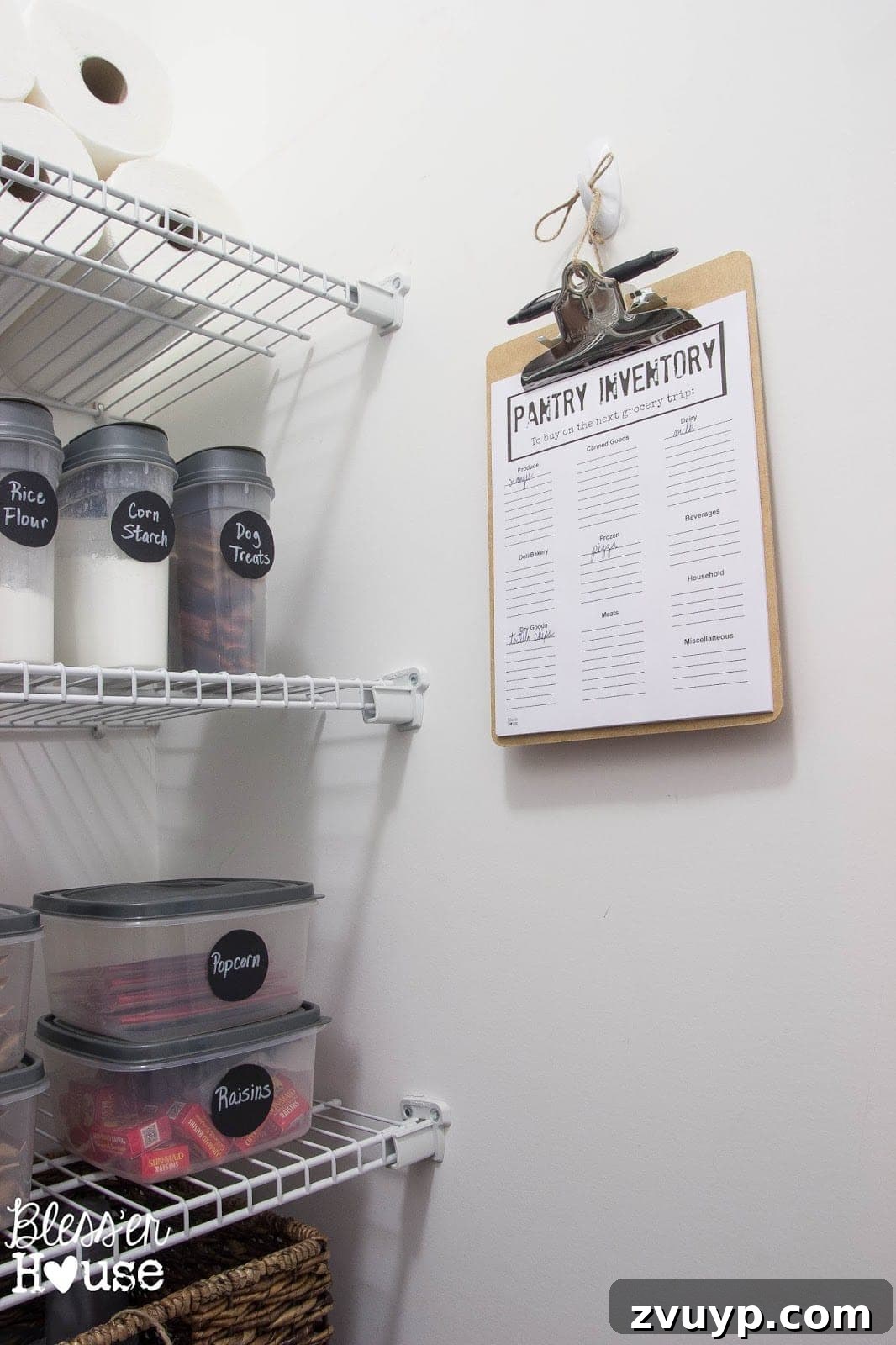 Pantry inventory checklist hanging on wall