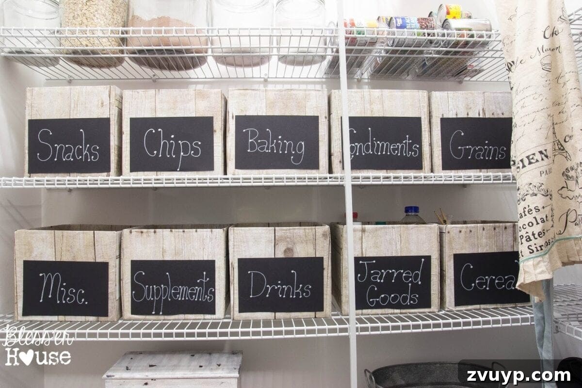 Organized pantry shelf with DIY crates