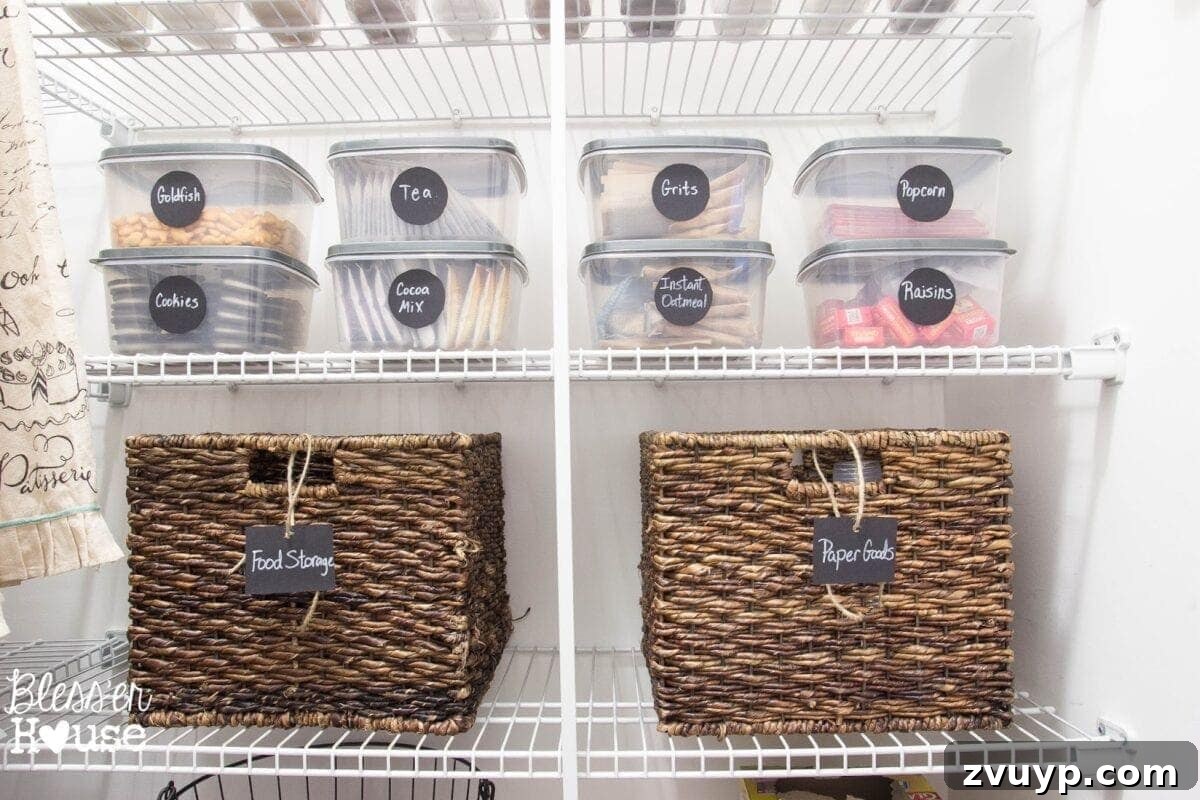 Dollar store containers organized in pantry