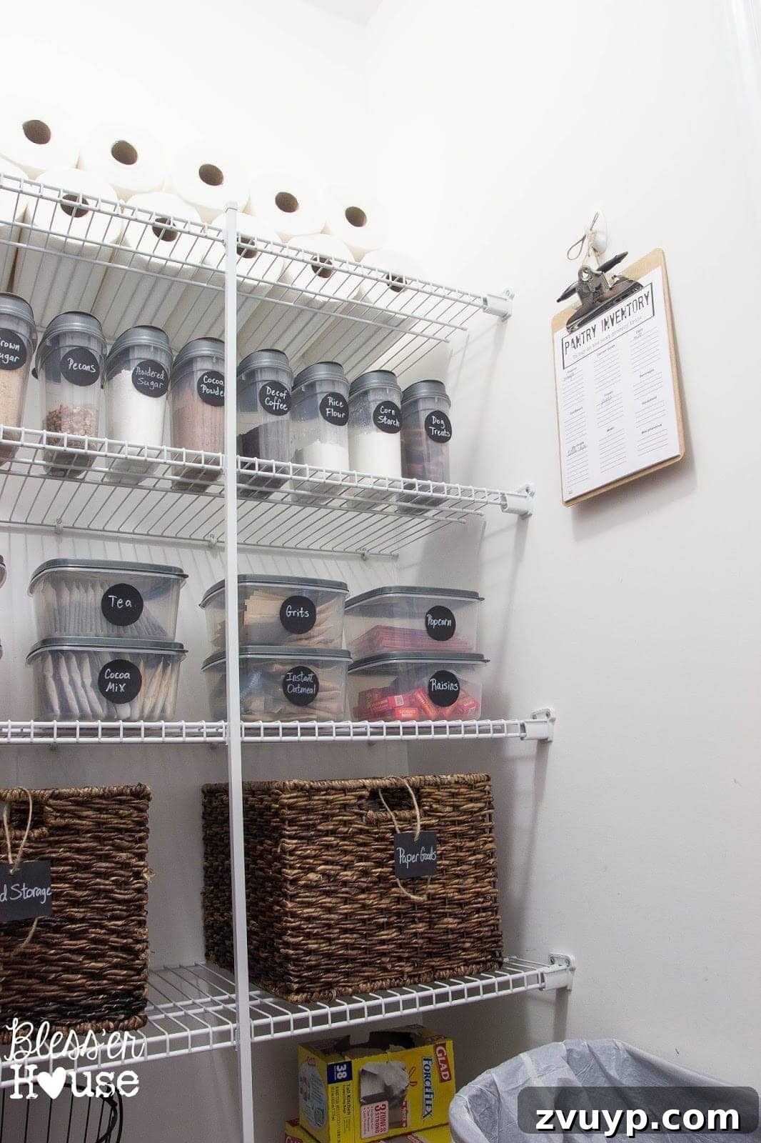 Repurposed baskets and bins in an organized pantry