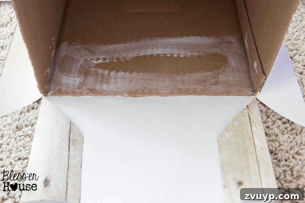 Mod Podging Inside Edges of DIY Crate