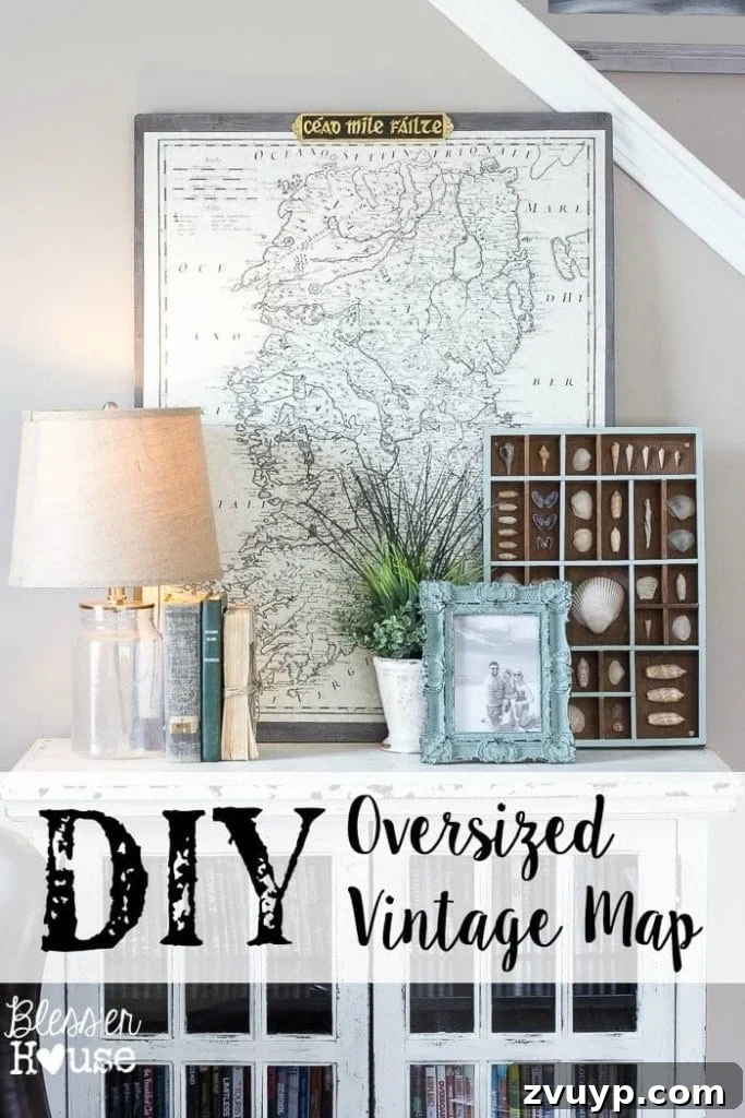 DIY Oversized Vintage Map - A beautiful vintage map of Ireland mounted on wood, serving as a focal point in a home.