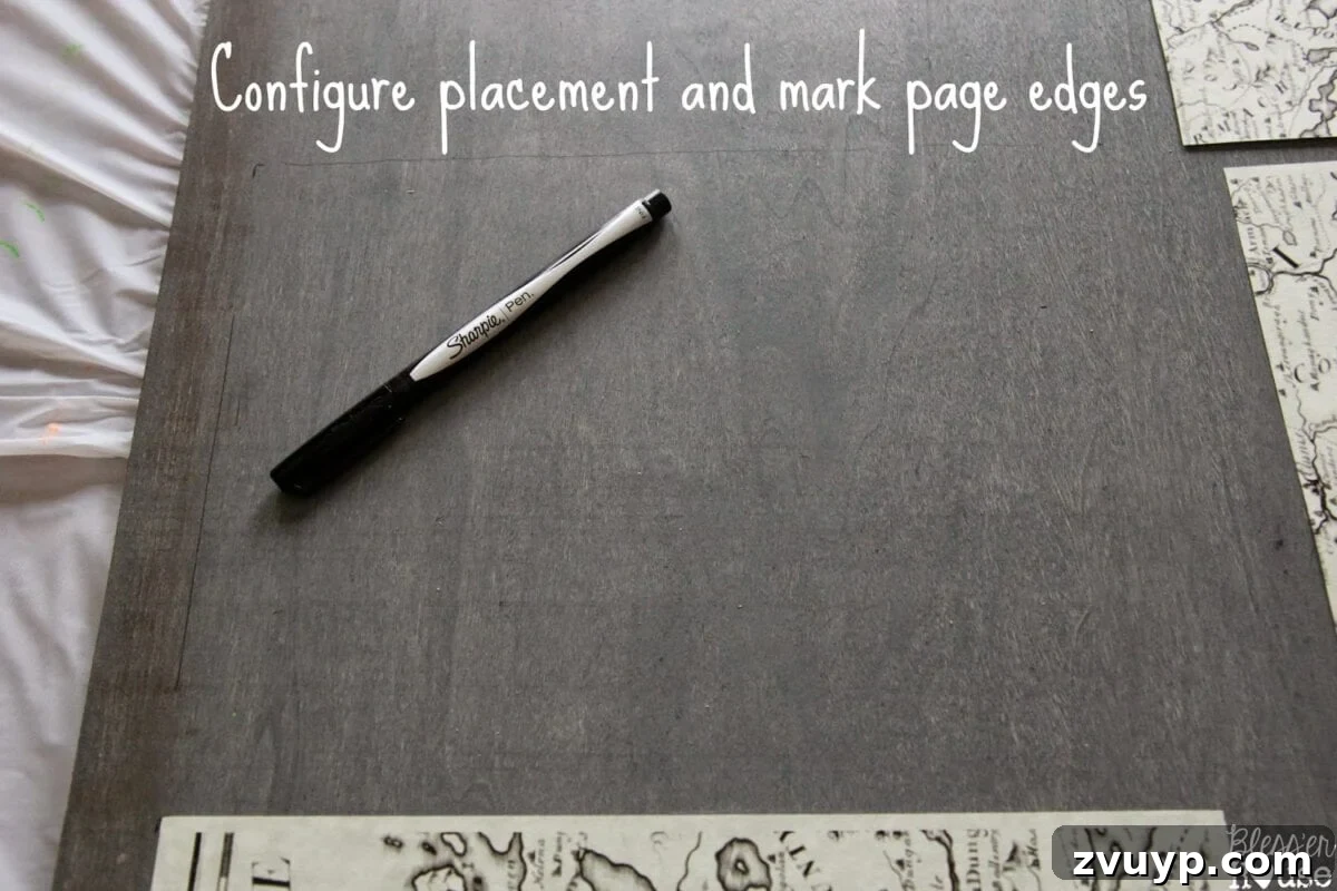 Close-up of map pages being trimmed with scissors.