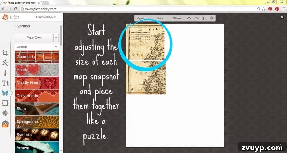 PicMonkey interface showing 'Your Own' upload option in Overlays.