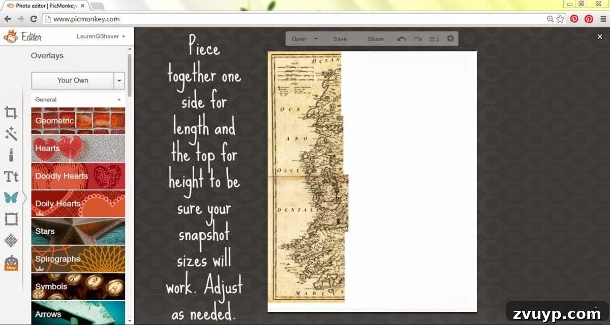 PicMonkey canvas with the first map snapshot placed.