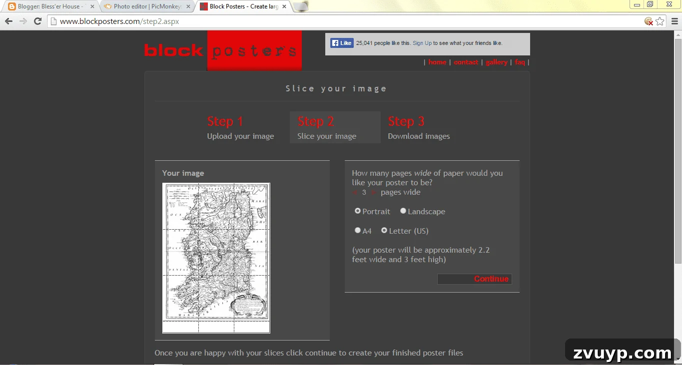 BlockPosters.com interface showing poster size and paper size adjustments.