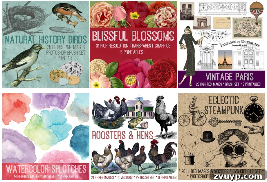 Graphics Fairy Premium Members Peacock Hues Ephemera Collection 8 Membership Kit Sampler Graphics Fairy - showing various vintage themed digital bundles