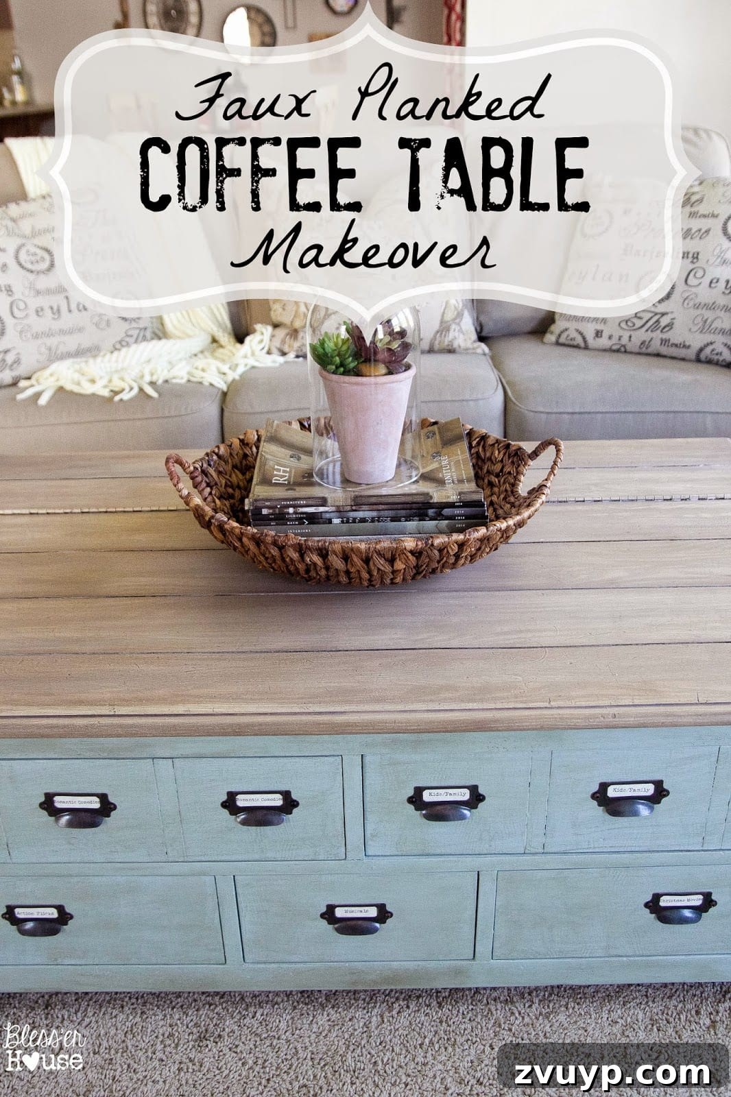 Faux Planked Card Catalog Coffee Table: A finished DIY project showcasing a coffee table styled to resemble a vintage card catalog with a planked wood top.