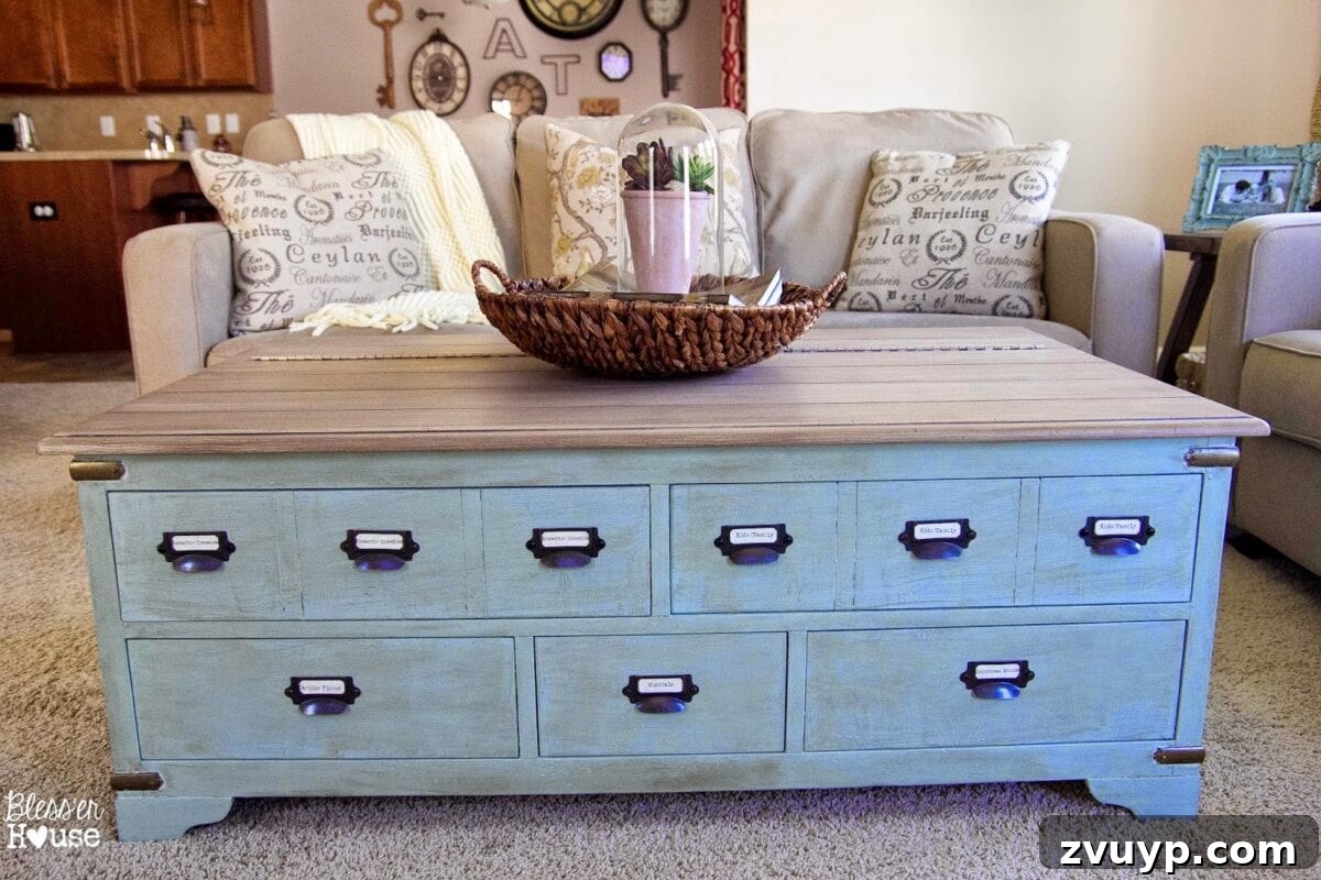 Finished Faux Planked Card Catalog Coffee Table, showcasing its new paint color and planked top.