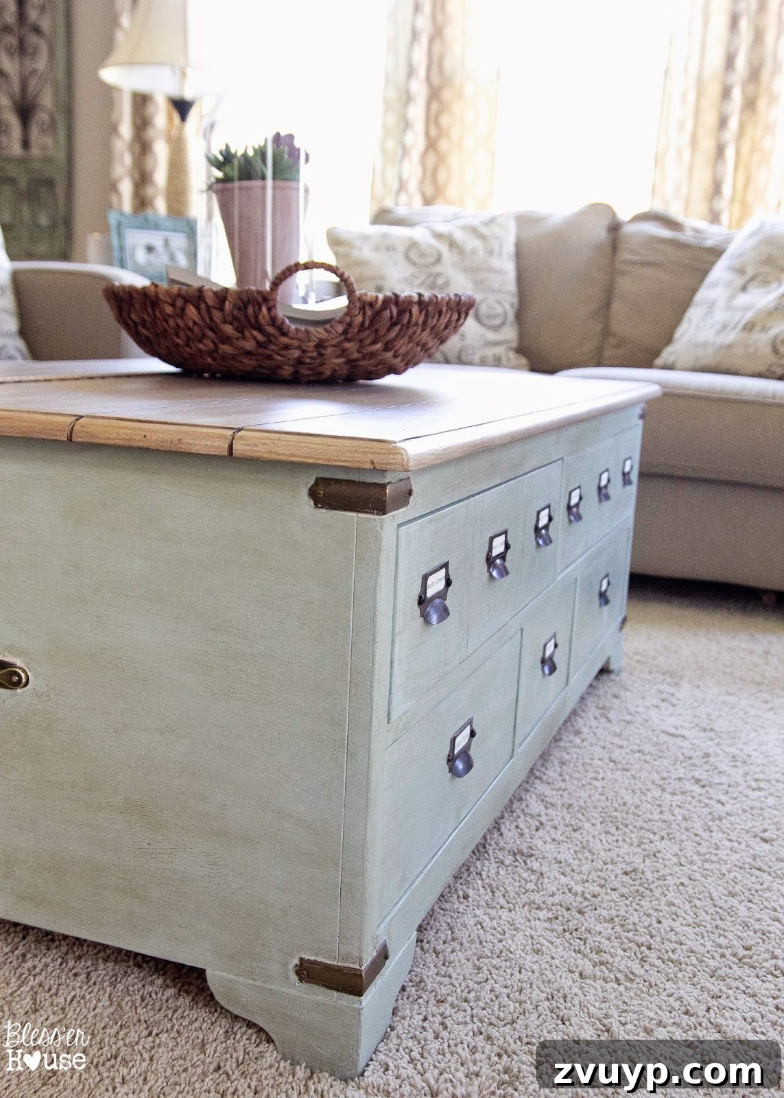 Close-up of the Faux Planked Card Catalog Coffee Table, highlighting the paint finish and details.
