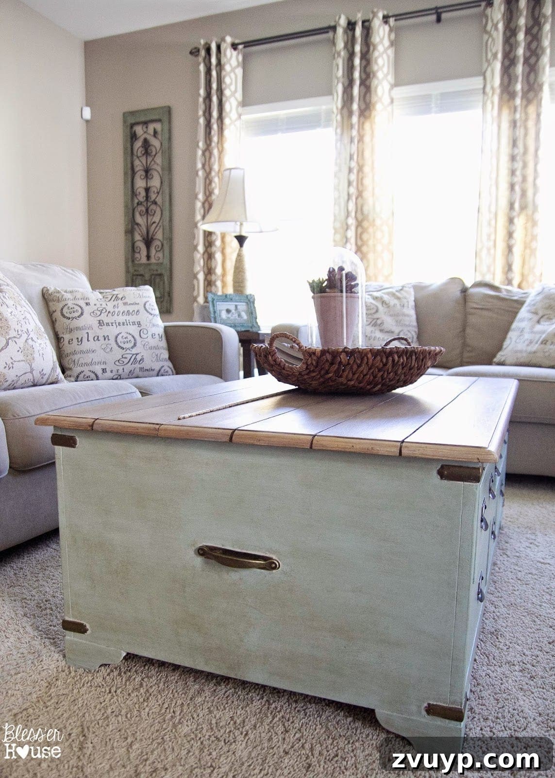 Side view of the Faux Planked Card Catalog Coffee Table, displaying the custom paint color and overall design.