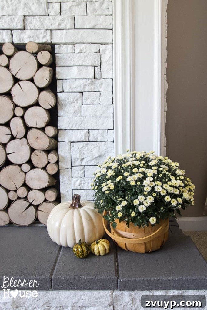 Finished faux fireplace hearth with painted faux stone