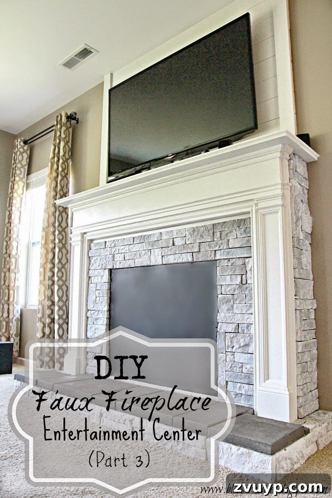 DIY Faux Fireplace with whitewashed Air Stone and concrete hearth