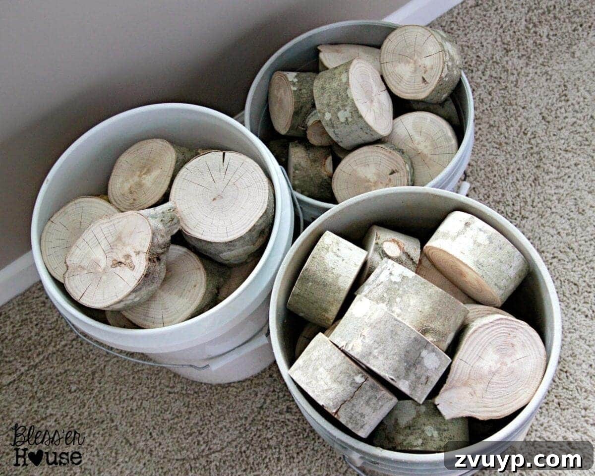 Neatly cut log slices ready for faux fireplace door