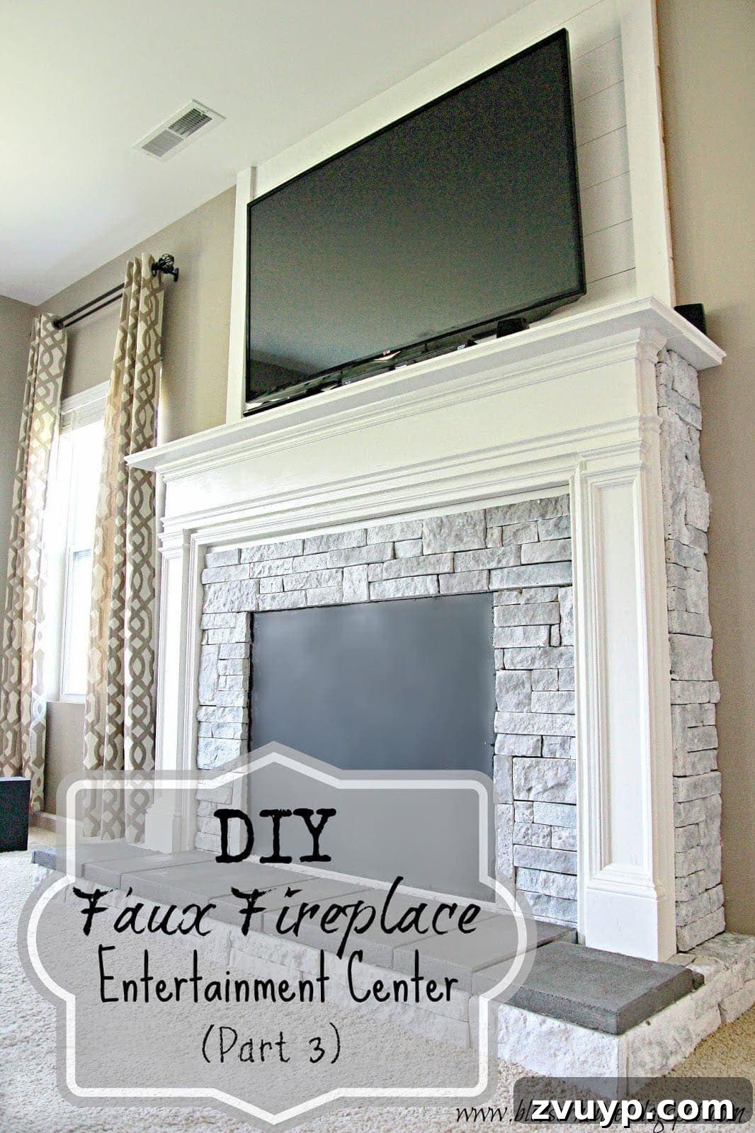 DIY Faux Fireplace Media Console: Finishing the Project 2 Completed Faux Fireplace with Whitewashed Stone and White Mantel