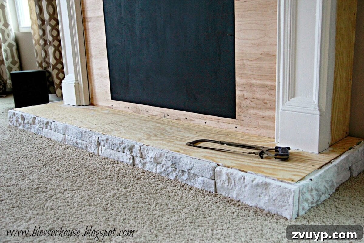 DIY Faux Fireplace Media Console: Finishing the Project 12 Airstone Installed on Hearth