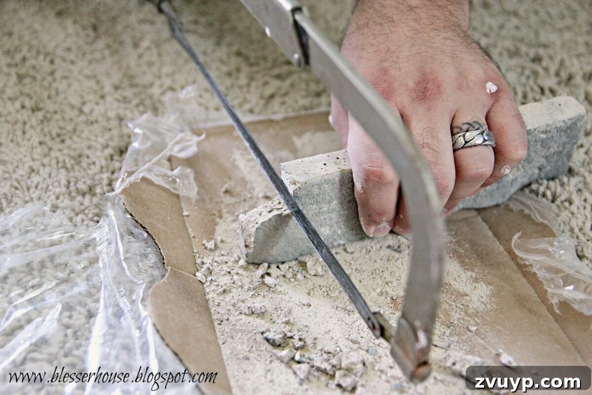 DIY Faux Fireplace Media Console: Finishing the Project 13 Cutting Airstone with a Hacksaw