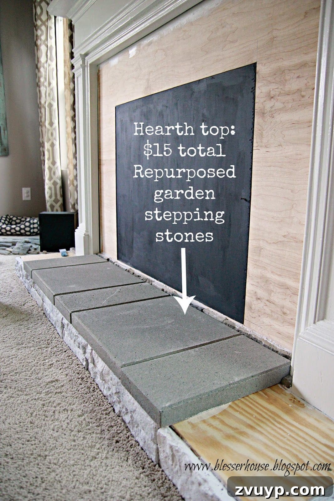 DIY Faux Fireplace Media Console: Finishing the Project 16 Hearth Under Construction with Stepping Stones