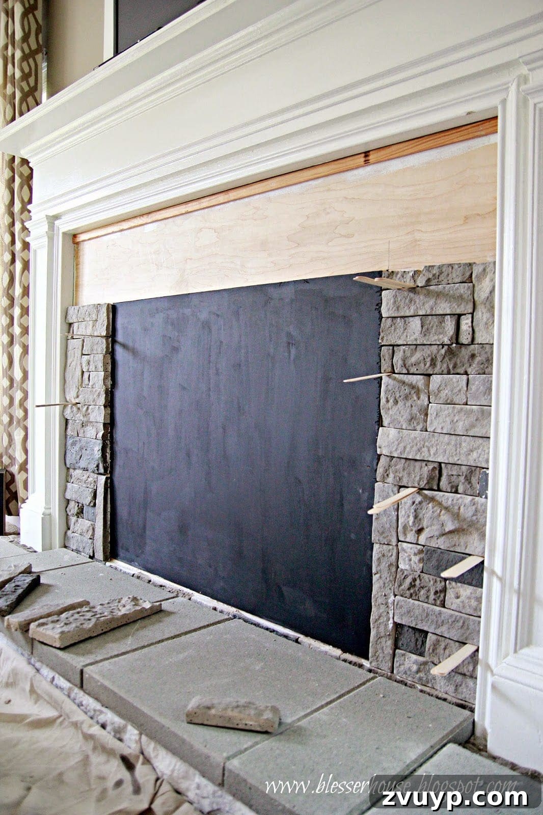 DIY Faux Fireplace Media Console: Finishing the Project 17 Popsicle Sticks Used for Stone Spacing