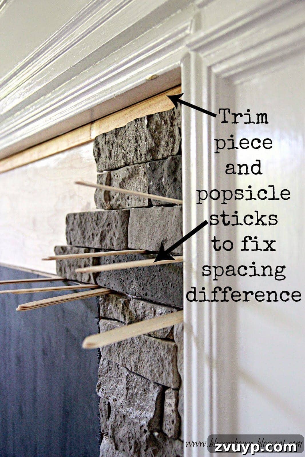DIY Faux Fireplace Media Console: Finishing the Project 18 Popsicle Sticks Supporting Stones Above Firebox