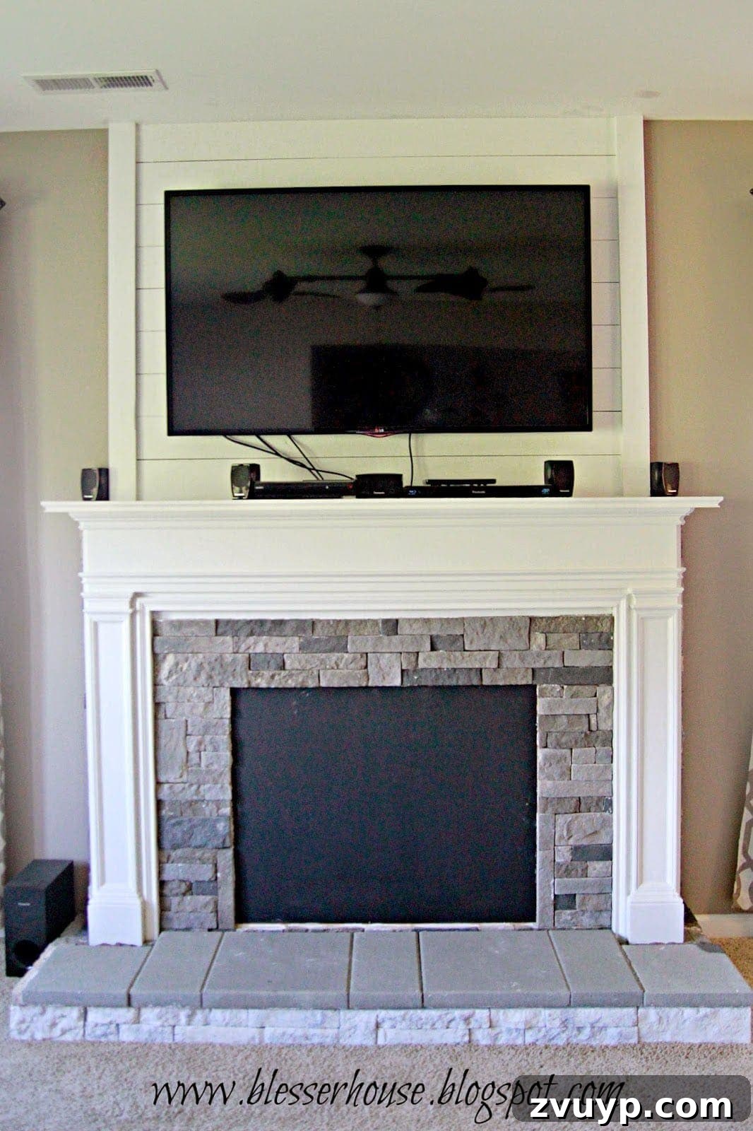 DIY Faux Fireplace Media Console: Finishing the Project 20 Faux Fireplace with Stone Installed (before final whitewash)