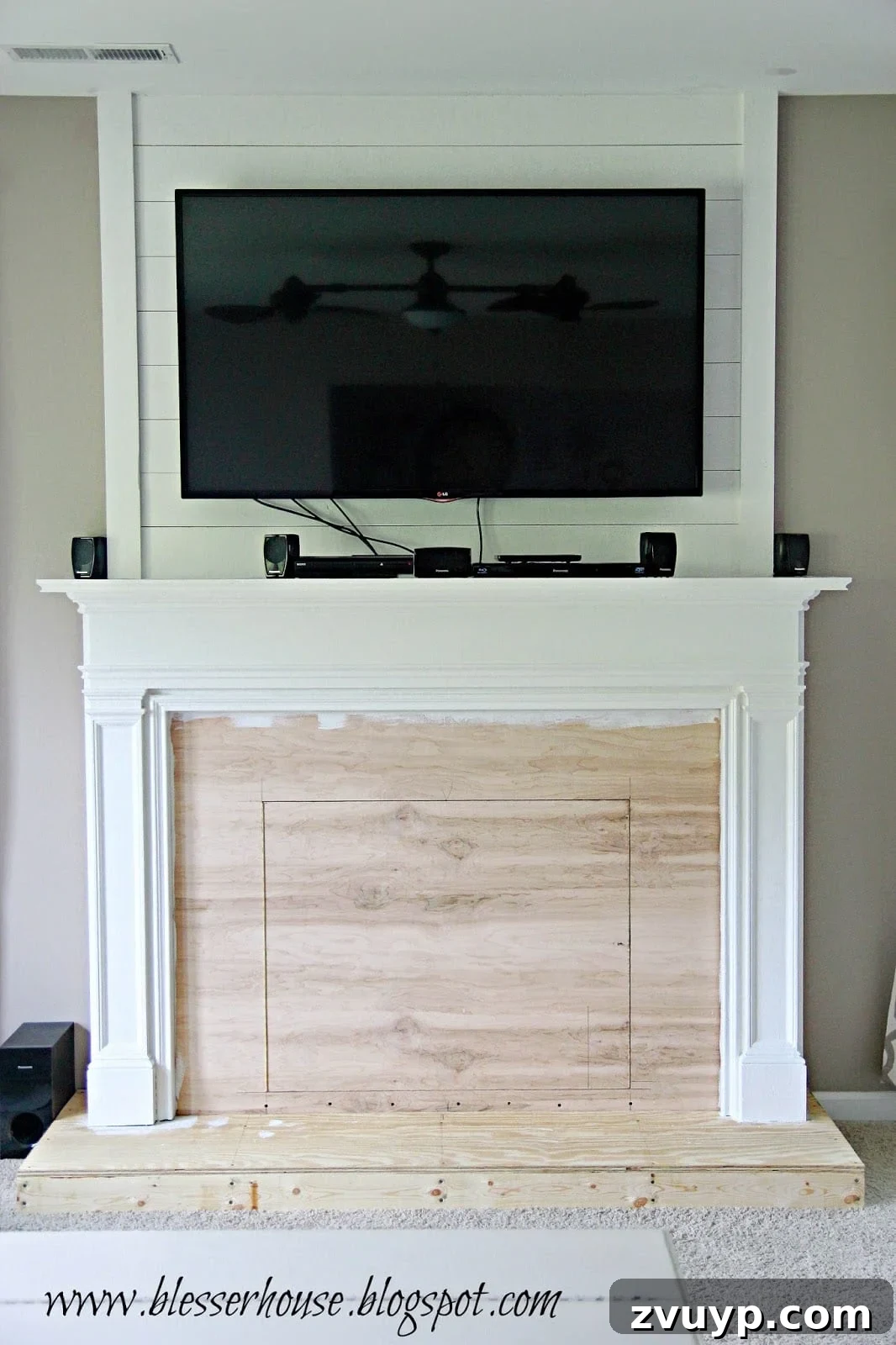 DIY Faux Fireplace Media Console: Finishing the Project 3 Primed and Painted Woodwork for Faux Fireplace