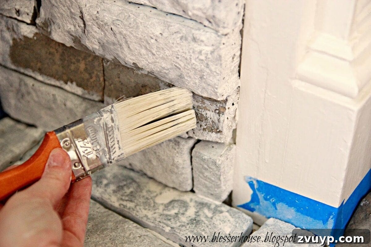 DIY Faux Fireplace Media Console: Finishing the Project 21 Applying Whitewash to Fireplace Surround