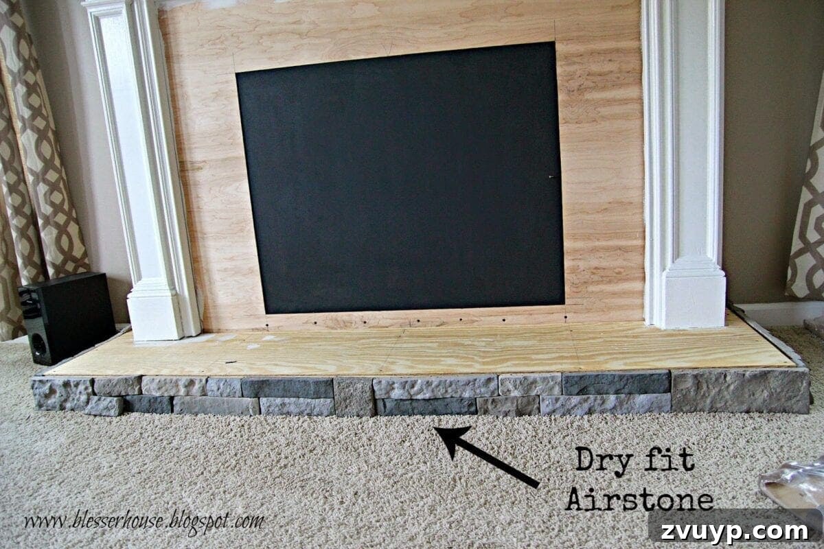 DIY Faux Fireplace Media Console: Finishing the Project 5 Dry-fitting Airstone to the Hearth