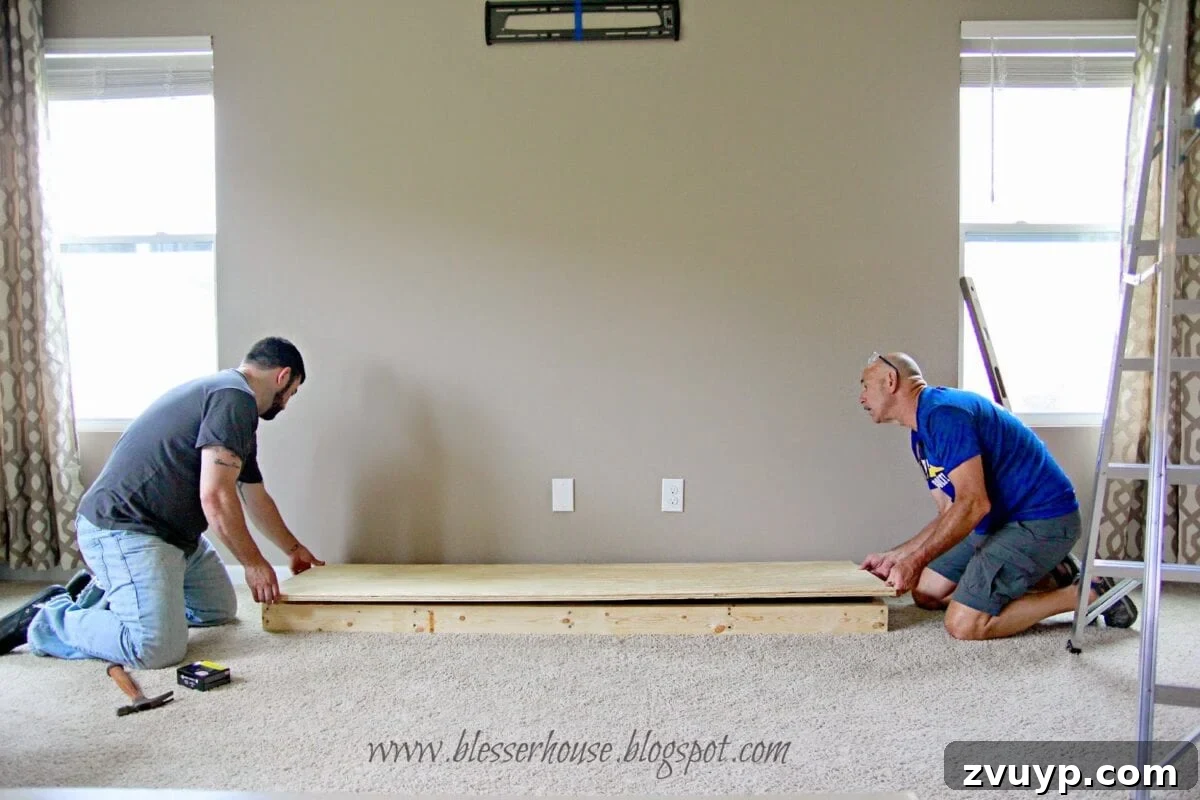 Plywood hearth top placed on frame