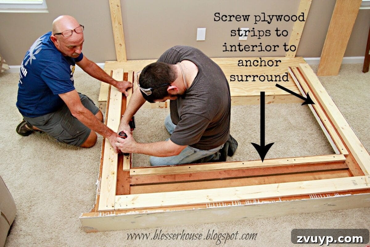 Plywood strips for mantel surround anchor