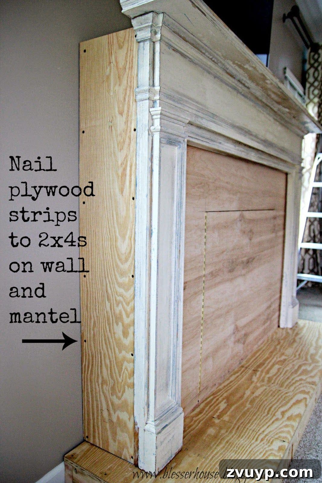 Anchoring mantel to wall with plywood strips
