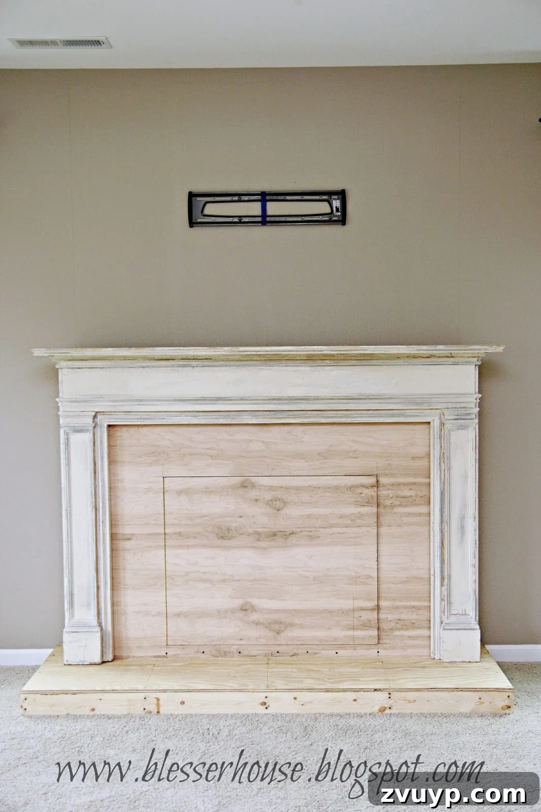 Initial completed faux fireplace structure