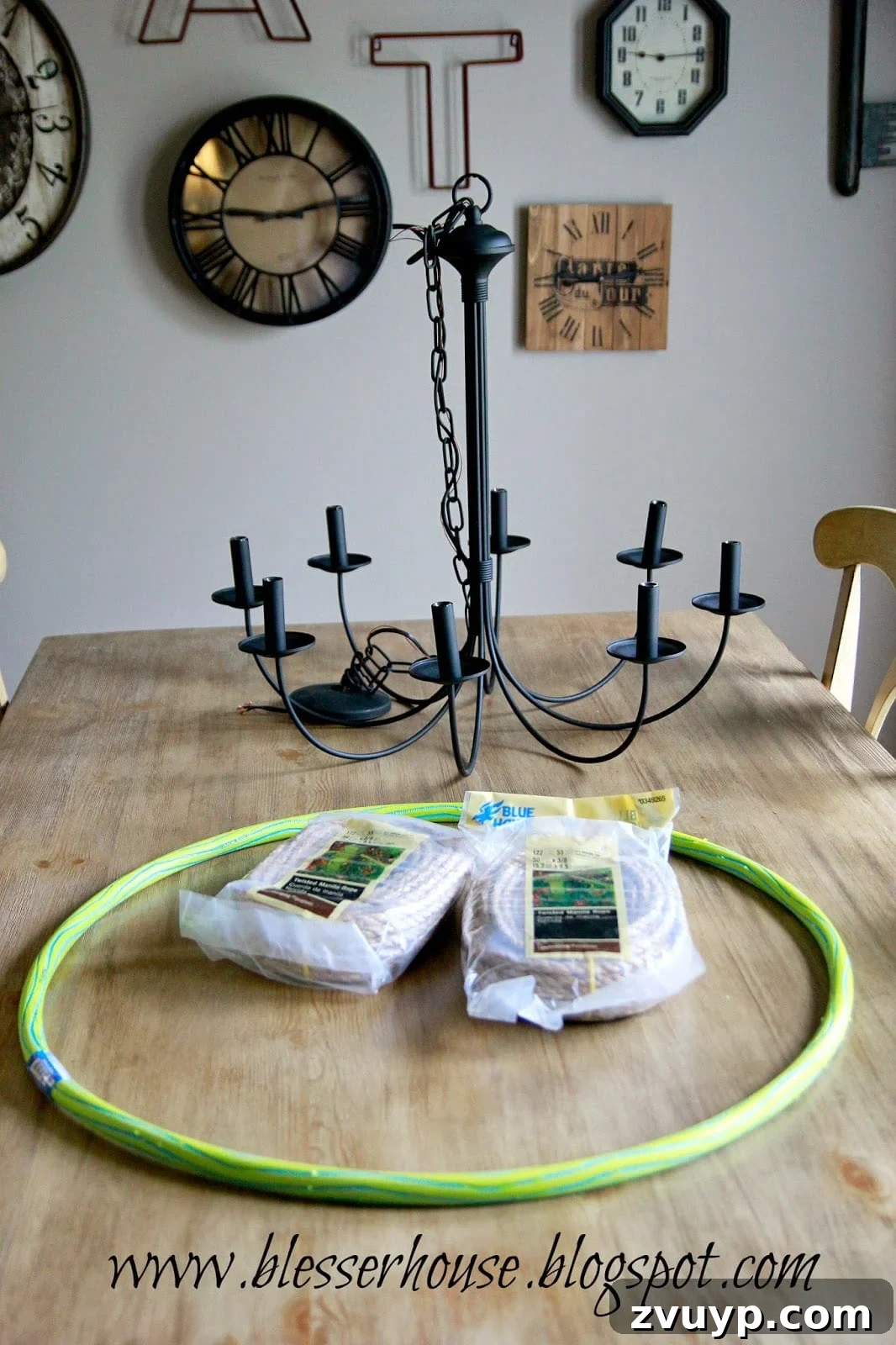 Sisal rope and hula hoop for DIY chandelier project