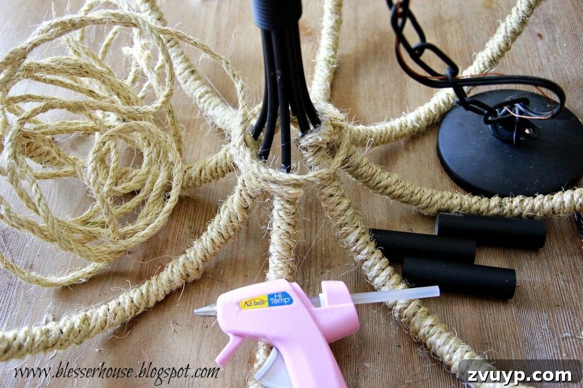 Chandelier arms fully wrapped with sisal rope