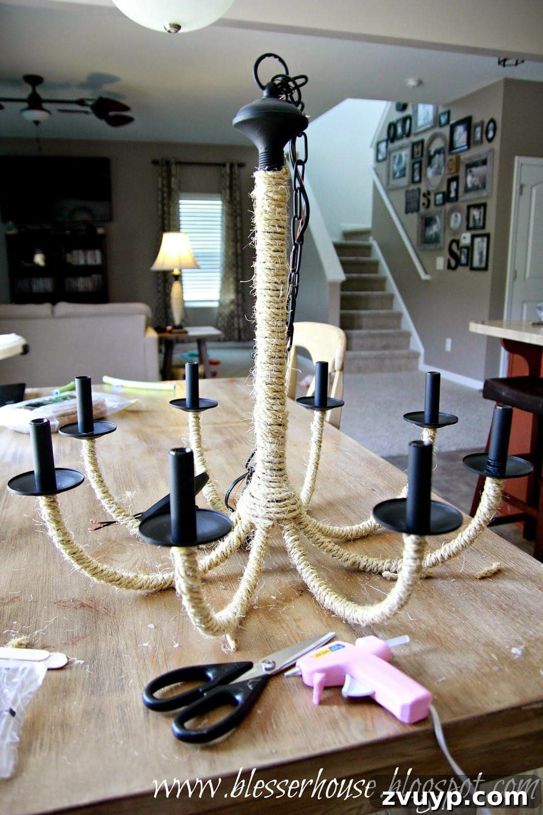Partially wrapped rope chandelier, showcasing progress