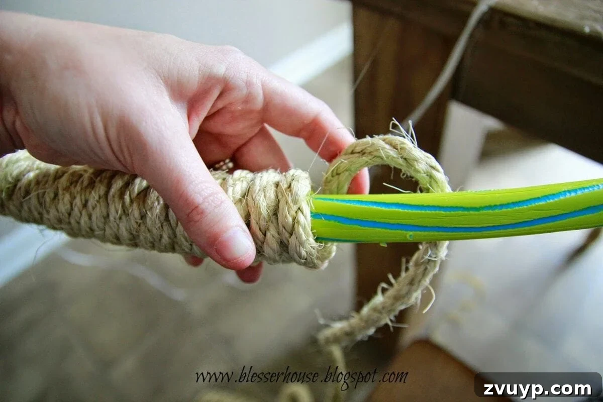 Wrapping the hula hoop with 3/8 inch sisal rope
