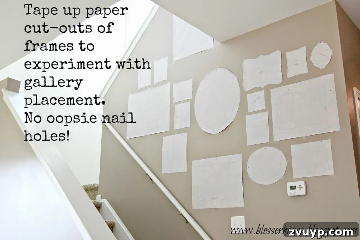 Your Fastest Path to a Stunning Gallery Wall 6 More paper templates arranged on a wall, showing adjustments to the gallery wall design